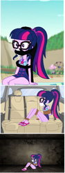 Size: 806x2140 | Tagged: safe, artist:brightstar40k, sci-twi, twilight sparkle, equestria girls, g4, abduction, bikini, bondage, bound and gagged, car, cloth gag, clothes, comic, downvote bait, gag, kidnapped, legs, rope, rope bondage, sandals, swimsuit, tied up