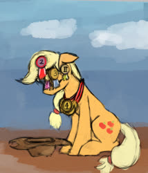 Size: 685x800 | Tagged: safe, artist:jellymaggot, applejack, earth pony, pony, g4, the last roundup, 4chan, applejack's hat, cowboy hat, drawthread, eyes closed, female, floppy ears, hat, mare, ponified, ponified animal photo, sitting, solo