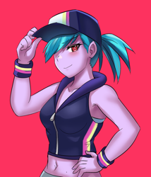 Size: 800x934 | Tagged: safe, artist:tzc, azure velour, equestria girls, g4, anime, belly button, breasts, busty azure velour, cap, commission, equestria girls-ified, female, hat, midriff, pink background, simple background, smiling, solo, tomboy, wristband