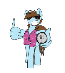 Size: 1685x1905 | Tagged: safe, artist:cantershirecommons, oc, oc only, oc:sorren, pegasus, pony, alcohol, beer, clothes, hawaiian shirt, jewelry, keg, necklace, shirt, simple background, smug, solo, standing, sunglasses, thumbs up, transparent background, wing hands, wings