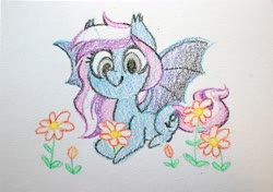 Size: 3630x2562 | Tagged: safe, artist:dawnfire, oc, oc only, bat pony, pony, flower, high res, solo, traditional art
