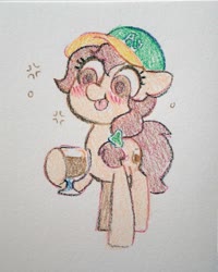 Size: 2628x3288 | Tagged: safe, artist:dawnfire, oc, oc only, oc:vanilla creame, earth pony, pony, alcohol, baseball cap, beer, blushing, cap, crayon, drunk, hat, high res, oakland athletics, simple background, solo, tongue out, traditional art, white background