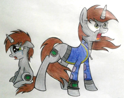 Size: 1191x937 | Tagged: safe, artist:mlptmntdisneykauane, oc, oc only, oc:littlepip, pony, unicorn, fallout equestria, angry, clothes, crying, fanfic, fanfic art, female, filly, filly littlepip, floppy ears, foal, hooves, horn, jumpsuit, mare, pipbuck, sad, self ponidox, simple background, sitting, song in the description, standing, traditional art, vault suit, white background