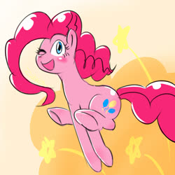 Size: 2048x2048 | Tagged: safe, artist:zokoira, pinkie pie, earth pony, pony, g4, blushing, bush, cute, diapinkes, female, high res, jumping, looking at you, mare, one eye closed, solo, stars, wink, winking at you