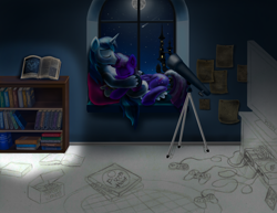 Size: 3300x2550 | Tagged: safe, artist:jac59col, shining armor, smarty pants, twilight sparkle, alicorn, pony, unicorn, g4, bedroom, book, bookshelf, canterlot, cuddling, full moon, high res, moon, night, playstation, siblings, super nintendo, telescope, television, the lion king, twilight sparkle (alicorn)