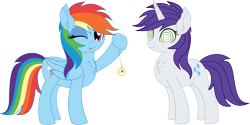 Size: 10587x5279 | Tagged: safe, artist:cyanlightning, rainbow dash, rarity, pegasus, pony, unicorn, g4, .svg available, absurd resolution, alternate hairstyle, chest fluff, duo, ear fluff, folded wings, holding, hypnosis, looking at you, one eye closed, pendulum swing, pocket watch, simple background, swirly eyes, tongue out, transparent background, vector, wings, wink