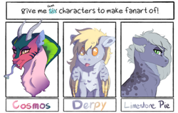 Size: 3000x1907 | Tagged: safe, artist:venommocity, idw, cosmos, derpy hooves, limestone pie, draconequus, earth pony, pegasus, pony, g4, :p, bust, female, forked tongue, mare, six fanarts, tongue out, two toned wings, wings