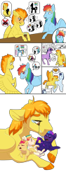 Size: 1500x4000 | Tagged: safe, artist:jackiebloom, rainbow dash, soarin', spitfire, twilight sparkle, oc, oc:iridescence flare, oc:neon synthwave, oc:skydancer, alicorn, earth pony, pegasus, pony, g4, baby, baby pony, colored hooves, crying, description is relevant, female, flying, foal, magical lesbian spawn, mare, multicolored hair, offspring, parent:rainbow dash, parent:spitfire, parents:spitdash, pictogram, pregnant, rainbow hair, simple background, tears of joy, transparent background, triplets, twilight sparkle (alicorn)