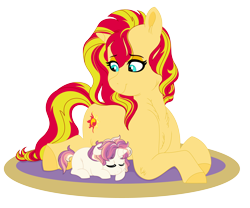 Size: 6624x5520 | Tagged: safe, artist:rosebuddity, sunset shimmer, oc, oc:serein sparkle, pony, unicorn, g4, absurd resolution, baby, baby pony, female, implied lesbian, implied shipping, implied sunsetsparkle, implied twilight sparkle, magical lesbian spawn, mother and child, mother and daughter, offspring, parent:sunset shimmer, parent:twilight sparkle, parents:sunsetsparkle, prone, simple background, transparent background