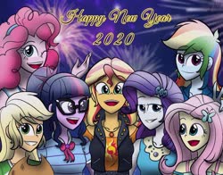 Size: 1280x1005 | Tagged: safe, artist:namphung58, applejack, fluttershy, pinkie pie, rainbow dash, rarity, sci-twi, sunset shimmer, twilight sparkle, human, equestria girls, g4, my little pony equestria girls: better together, 2020, applejack's hat, bowtie, clothes, cowboy hat, female, fireworks, geode of empathy, geode of shielding, geode of telekinesis, glasses, grin, hairband, hairclip, hairpin, happy new year, happy new year 2020, hat, holiday, humane five, humane seven, humane six, jacket, jewelry, leather vest, looking at you, magical geodes, necklace, one eye closed, open mouth, ponytail, smiling