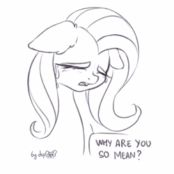 Size: 1280x1280 | Tagged: safe, artist:dsp2003, fluttershy, pegasus, pony, g4, bust, crying, eyes closed, floppy ears, monochrome, open mouth, portrait, signature, simple background, single panel, sketch, speech bubble, white background