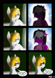 Size: 1239x1754 | Tagged: safe, artist:dianetgx, oc, oc only, oc:axle bright, oc:diane tgx, pony, unicorn, comic:the person, clothes, comic, dargoness, dark room, disappointed, disappointment, ear piercing, earring, english, glasses, harem, harem outfit, heaven, jewelry, light, piercing, praying, shadow, vest