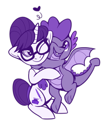 Size: 1324x1564 | Tagged: safe, artist:chroniqlo, raven, spike, dragon, unicorn, ascot, commission, female, glasses, hair bun, heart, hug, interspecies, looking at each other, male, mare, monochrome, necktie, older, older spike, one eye closed, ravenspike, secretary, shipping, simple background, smiling, spikelove, straight, transparent background, winged spike, wings, wink