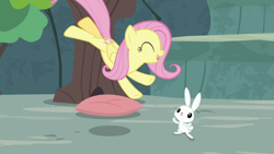Size: 1920x1080 | Tagged: safe, screencap, angel bunny, fluttershy, pegasus, pony, rabbit, g4, she talks to angel, animal, duo, eyes closed, female, leaping, male, mare, pillow