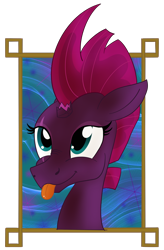 Size: 1900x2900 | Tagged: safe, artist:sixes&sevens, fizzlepop berrytwist, tempest shadow, pony, g4, :p, abstract background, female, framed picture, mlem, out of frame, silly, simple background, solo, tongue out, transparent background