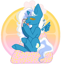 Size: 1024x1087 | Tagged: safe, artist:renyata, oc, oc:fleurbelle, alicorn, pony, alicorn oc, beanbag chair, bow, drink, eyes closed, female, food, hair bow, horn, lemon, mare, simple background, sitting, tongue out, transparent background, wings