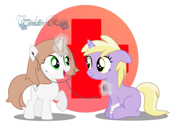 Size: 1280x940 | Tagged: safe, artist:tenderrain-art, dinky hooves, oc, oc:healing touch, pony, unicorn, g4, female, filly, listening, magic, simple background, stethoscope, transparent background