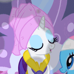 Size: 298x298 | Tagged: safe, screencap, lotus blossom, rarity, earth pony, pony, g4, green isn't your color, animated, applying, bathrobe, clothes, cropped, duo, female, mouth hold, mud mask, robe, spa, towel, towel on head
