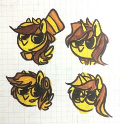 Size: 1280x1322 | Tagged: safe, artist:mkd, oc, oc only, oc:446, oc:cheaterjy, oc:glow twinkle, oc:polyethylene, pegasus, pony, unicorn, fallout equestria, pony town, clothes, glasses, graph paper, hat, headphones, old timey, scarf, traditional art