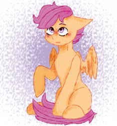 Size: 2025x2160 | Tagged: artist needed, source needed, safe, scootaloo, pegasus, pony, g4, blushing, cute, cutealoo, female, high res, raised hoof, solo