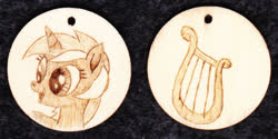 Size: 1000x500 | Tagged: safe, artist:malte279, lyra heartstrings, g4, craft, cutie mark, index get, jewelry, palindrome get, pendant, pyrography, traditional art, wood