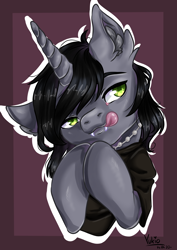 Size: 2480x3507 | Tagged: safe, artist:yukiooo, pony, unicorn, bust, clothes, commission, disguise, disguised siren, ear fluff, fangs, hair over one eye, high res, horn, jewelry, kellin quinn, licking, licking lips, male, necklace, ponified, shirt, sleeping with sirens, solo, stallion, t-shirt, tongue out, ych result