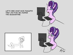 Size: 1024x768 | Tagged: safe, artist:jphyperx, starlight glimmer, pony, unicorn, g4, comic, computer, computer mouse, computer screen, female, keyboard, long glimmer, short