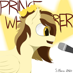 Size: 1500x1500 | Tagged: safe, artist:shoophoerse, oc, oc only, oc:prince whateverer, pegasus, pony, abstract background, crown, fanart, folded wings, jewelry, microphone, open mouth, regalia, signature, singing, solo, text, wings