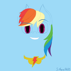 Size: 1500x1500 | Tagged: safe, artist:shoophoerse, rainbow dash, pegasus, pony, g4, element of loyalty, female, grin, minimalist, modern art, raised eyebrow, signature, simple background, smiling, solo