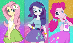 Size: 2250x1334 | Tagged: safe, artist:burning-heart-brony, edit, fluttershy, pinkie pie, rarity, equestria girls, g4, blushing, breasts, cleavage, clothes, cute, ear piercing, earring, female, jewelry, piercing, skirt, tank top, trio