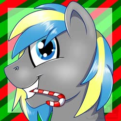 Size: 2000x2000 | Tagged: safe, artist:bluebutt, oc, oc only, oc:fizzygreen, pony, unicorn, abstract background, candy, candy cane, christmas, food, happy, high res, holiday, male, smiling, smiling at you, solo, stallion