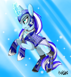 Size: 634x685 | Tagged: safe, artist:rainbowfoxxy, pony, unicorn, armor, blue, female, ice, magic, mare, snow