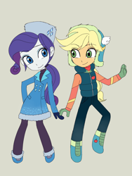 Size: 2448x3264 | Tagged: safe, artist:haibaratomoe, applejack, rarity, equestria girls, g4, clothes, coat, duo, female, gray background, hat, high res, lesbian, ship:rarijack, shipping, simple background