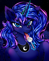 Size: 1200x1500 | Tagged: safe, artist:mite-lime, princess luna, alicorn, pony, g4, bust, candy, chest fluff, cute, ear fluff, female, food, leg fluff, lollipop, looking at you, lunabetes, magic, mare, portrait, solo, suggestive eating, telekinesis