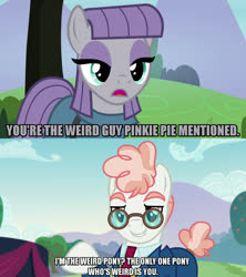 Size: 1280x1440 | Tagged: safe, anonymous editor, edit, edited screencap, screencap, maud pie, svengallop, earth pony, pony, g4, the mane attraction, the maud couple, caption, eyeshadow, female, glasses, image macro, makeup, male, mare, meme, stallion, text