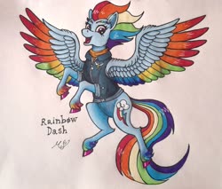 Size: 3373x2876 | Tagged: safe, artist:mesuyoru, rainbow dash, pegasus, pony, g4, season 9, the last problem, blue coat, colored wings, eyebrows, female, flying, happy, high res, mare, markers, multicolored wings, older, older rainbow dash, rainbow wings, simple background, solo, traditional art, wings