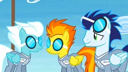 Size: 1280x720 | Tagged: safe, screencap, fleetfoot, soarin', spitfire, pegasus, pony, g4, rainbow falls, clothes, female, flight suit, folded wings, goggles, male, racing suit, wings