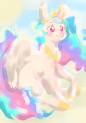 Size: 969x1380 | Tagged: safe, artist:iveory, princess celestia, alicorn, pony, g4, female, jewelry, mare, peytral, raised hoof, regalia, sitting, smiling, solo, spread wings, sun, three quarter view, wings