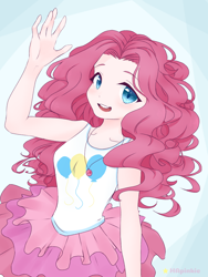 Size: 768x1024 | Tagged: safe, artist:hapinkie, pinkie pie, human, equestria girls, g4, my little pony equestria girls: better together, anime, colored pupils, cute, diapinkes, female, geode of sugar bombs, human coloration, humanized, looking at you, magical geodes, open mouth, simple background, solo, waving