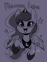 Size: 1561x2048 | Tagged: safe, artist:sakukitty, princess luna, alicorn, pony, g4, bust, cute, female, lunabetes, mare, monochrome, open mouth, solo, sparkly eyes, sparkly mane, stars, wingding eyes