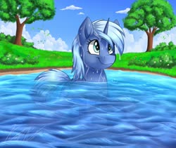 Size: 2048x1726 | Tagged: safe, artist:kaylerustone, oc, oc only, oc:double colon, pony, unicorn, bush, cloud, complex background, dripping, female, flower, grass, leaves, pond, signature, solo, swimming, tree, water, wet mane