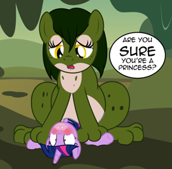 Size: 2232x2184 | Tagged: safe, artist:badumsquish, derpibooru exclusive, twilight sparkle, oc, alicorn, frog, frog pony, hybrid, monster pony, original species, pony, blushing, canon x oc, chubby, dialogue, disappointed, embarrassed, female, forest, freckles, kiss mark, lesbian, lipstick, makeup, misleading thumbnail, mud, on back, pinned, sad, shocked, sitting, size difference, smiling, spots, surprised, swamp, talking, the frog prince, tree, twilight sparkle (alicorn)