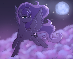 Size: 2995x2411 | Tagged: safe, artist:fluffymaiden, princess luna, alicorn, pony, g4, cloud, cute, ear fluff, female, flying, full moon, high res, lunabetes, mare, moon, night, sky, solo, spread wings, starry night, stars, wings