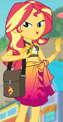 Size: 487x946 | Tagged: safe, screencap, sunset shimmer, equestria girls, equestria girls series, forgotten friendship, g4, belly button, bikini, bikini top, blurry background, building, clothes, cropped, cute, drone, female, forest background, geode of empathy, jewelry, legs, lidded eyes, magical geodes, midriff, necklace, outdoors, sarong, sexy, shimmerbetes, shoulder bag, sky, sleeveless, smiling, solo, sun, swimsuit, wristband