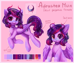 Size: 2941x2480 | Tagged: safe, artist:hikerumin, oc, oc only, demon, demon pony, original species, pegasus, pony, chest fluff, cutie mark, ethereal mane, female, heterochromia, high res, horns, jewelry, looking at you, mare, pendant, reference sheet, starry mane, tongue out