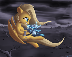 Size: 2500x2000 | Tagged: safe, artist:shido-tara, oc, oc only, oc:psychoshy, pegasus, pony, fallout equestria, fallout equestria: project horizons, cloud, dark clouds, electricity, fanfic art, female, grin, high res, mare, offspring, overcast, parent:fluttershy, power hoof, smiling, solo, wasteland