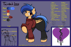Size: 2984x1980 | Tagged: safe, artist:candel, oc, oc only, oc:tainted love, pegasus, pony, clothes, eyeshadow, looking at you, makeup, multicolored hair, pants, reference sheet, runescape font, sweater, wide hips, wings