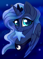 Size: 2550x3537 | Tagged: safe, artist:gleamydreams, princess luna, alicorn, pony, g4, bust, female, high res, jewelry, looking at you, mare, mouth hold, necklace, peytral, portrait, smiling, solo, three quarter view, tiara, wings