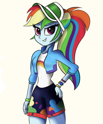 Size: 1660x2000 | Tagged: safe, artist:sadtrooper, rainbow dash, equestria girls, g4, beautiful, cap, clothes, confident, geode of super speed, hand on hip, hat, jacket, legs, looking at you, magical geodes, ponytail, rainbow, raised eyebrow, sexy, shirt, shorts, simple background, smiling, smirk, t-shirt, thighs, tomboy, white background, wristband