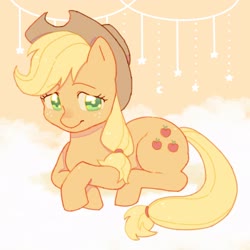 Size: 2048x2048 | Tagged: dead source, safe, artist:chapaghettii, applejack, earth pony, pony, g4, crescent moon, cute, female, high res, jackabetes, looking at you, mare, moon, prone, sitting, solo, stars, three quarter view